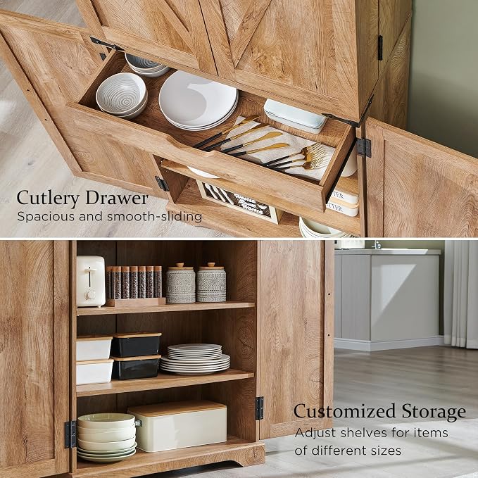 72" Tall Wooden Pantry Storage Cabinet with Door Shelves & Drawer | Farmhouse, Barn Doors, Adjustable Shelves, Freestanding, Anti-tip Kit, for Kitchen, Dining Room, Living Room