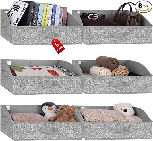 WUIKE 6-Pack Trapezoid Storage Bins, Foldable Storage Baskets for Clothes, Purse, Blanket, Herringbone Gray, Extra Large