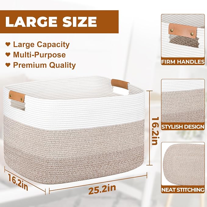 danpinera 108L Large Blanket Basket for Living Room, Woven Storage Basket with Leather Handles, Cotton Rope Storage Organization in Nursery for Toys & Clothes 25 ''* 16 ''*16 '', Gradient Brown