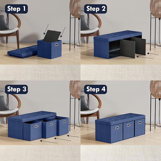 Ornavo Home 40 Inch Storage Ottoman with 3 Drawers, Tufted Linen, Navy Blue | Foldable Large Bench Design; Foot Rest Stool Seat; Ideal for Living Room, Bedroom or Entryway