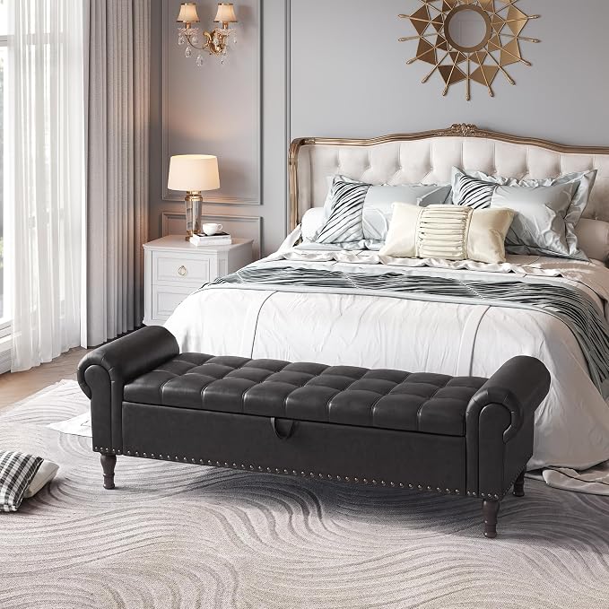 YOUDENOVA 60” Ottoman with Storage, Upholstered Storage Ottoman Bench with Rolled Arms, PU Leather Storage Bench for Bedroom, Living Room, Entryway, Black