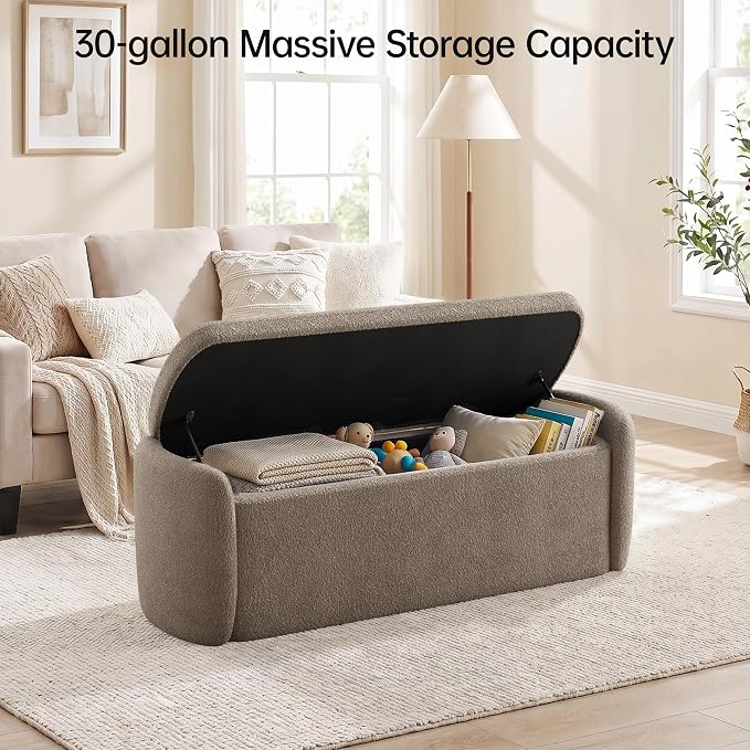 VKNOW Storage Bench, Upholstered Storage Ottoman Bench with Hinge, Brown | Ottoman Bench with Large Capacity, Curved Frame, King Size Bench, Storage Bench for Bedroom, Living Room, Entryway, Window
