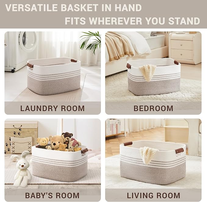72L Large Woven Laundry Basket Hamper with Leather Handles,Brown | collapsible wicker hamper, storage for dirty clothes, toys, blankets, gifts, living room, bedroom, bathroom, 22"x17"x12"