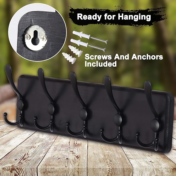 Coat Rack Wall Mounted - 5 Tri Hooks, Heavy Duty, Wooden Wall Coat Hanger Coat Hook for Clothes Hat Jacket Clothing, Black, Pack of 2