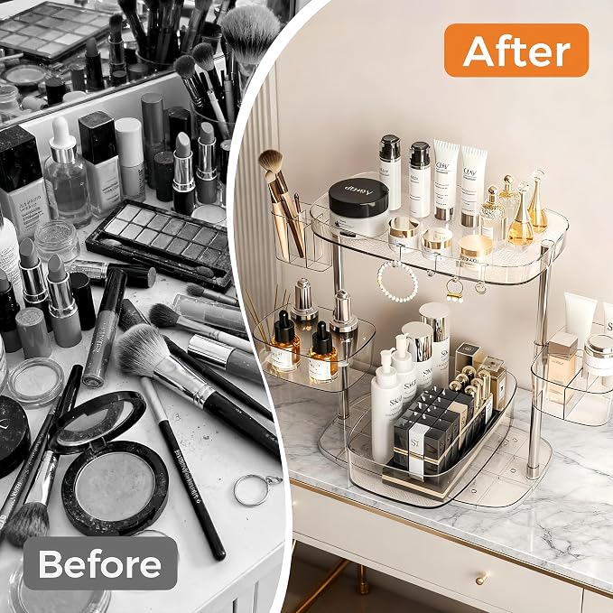 360°Rotating Makeup Organizer,Makeup Organizer Countertop with Brush Holder and Perfume Stand,Bathroom Counter Organizer,Skincare Holder Stand for Vanity,Detachable Hanging Hooks