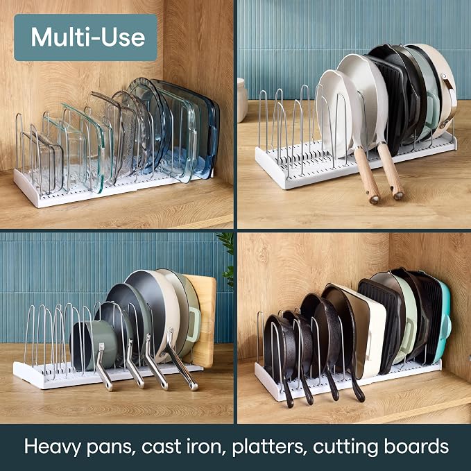 YouCopia StoreMore Expandable Cookware Rack with Tall Steel Wires, 12.5"-22" Wide Adjustable Pan Organizer for Kitchen Cabinet Storage, Premium Edition