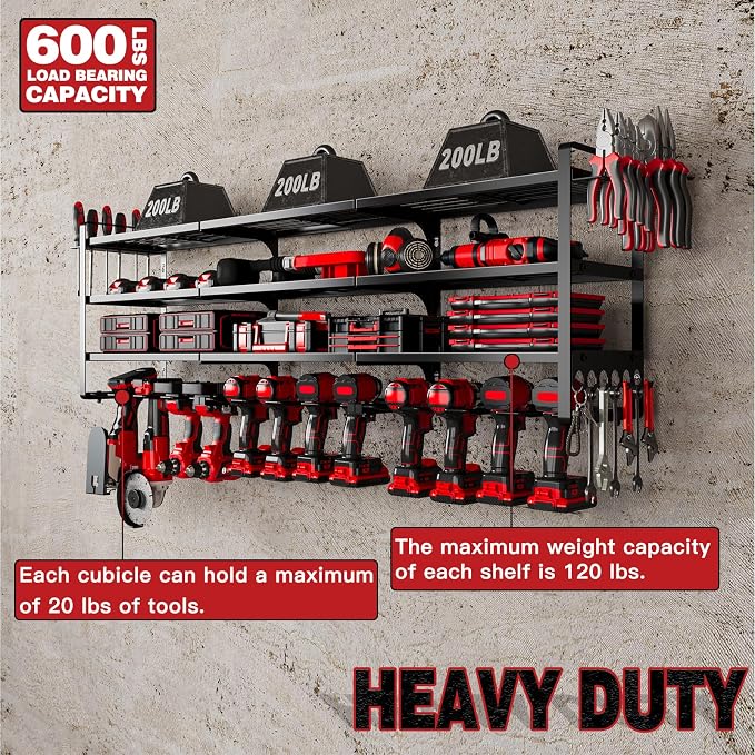 NattyDot Power Tool Organizer Wall Mount, 48-Inch 12 Drill Holders, Black | Extra-wide 48-inch Heavy-duty Wall Rack Stores 12 Cordless Drills and Assorted Tools, Maximizing Garage and Workshop Storage