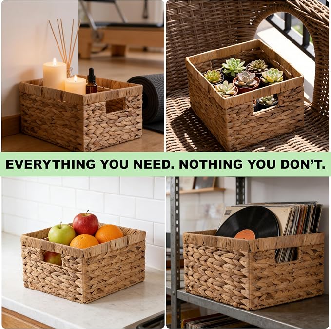 Handwoven Wicker Storage Basket with Built-In Handles - Decorative Rectangle Organizer Bin for Shelves, Closet, Bathroom, Kitchen & Living Room - Durable Eco-Friendly Storage Solution (Large 1-Pack)