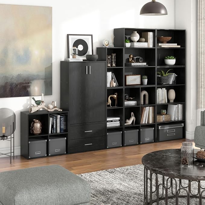 Homes: Inside + Out Apexa 6-Cube Storage Organizer Shelves, Stackable Wood Bookcase Fits Cubby Bins for Organization, Dorm Teen Room Decor & Home Office, Black