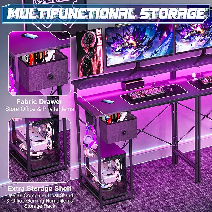 X-cosrack 33.5" Small Gaming Desk with LED Lights & Long Monitor Stand, Compact Computer Desk with Power Outlets & CPU Stand, Gamer Table with Storage Drawer for Home Office, Bedroom Corner, Black