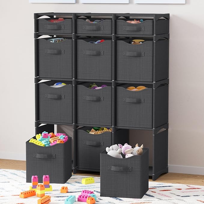 Cube Storage Organizer with Storage Bins Included - The Perfect Closet Organizers and Storage Solution. Includes 12 Storage Cubes, Great For Toy Storage, Closet Storage, Clothes Storage (Dark Grey)