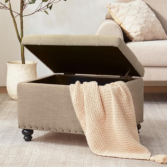 Zihanhome Small Ottoman with Storage, Upholstered Button Tufted Ottoman Foot Rest, Foot Stools, 24" Rectangle Bench with Storage for Living Room, Bedroom, Dorms and Apartments (Brown)