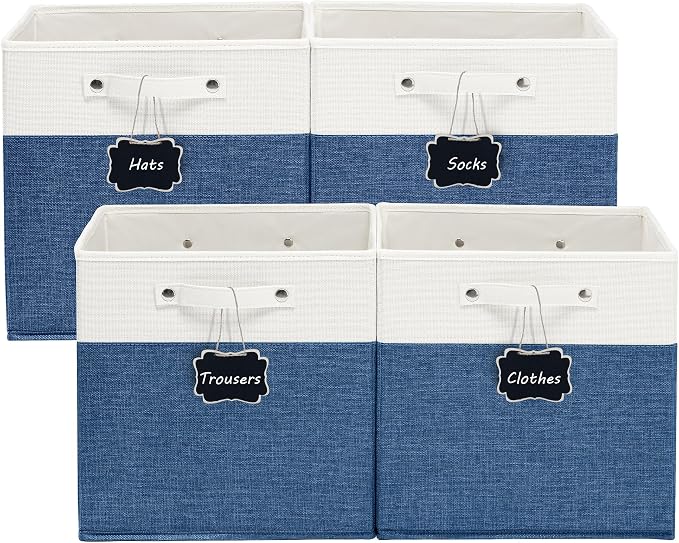 FinishingBo 13 inch Cube Storage Bins with Handles 4 Pack | Foldable Linen Storage Baskets, Closet Organizers, Shelf Baskets, White Blue