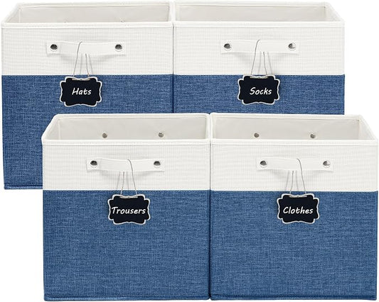 FinishingBo 13 inch Cube Storage Bins with Handles 4 Pack | Foldable Linen Storage Baskets, Closet Organizers, Shelf Baskets, White Blue