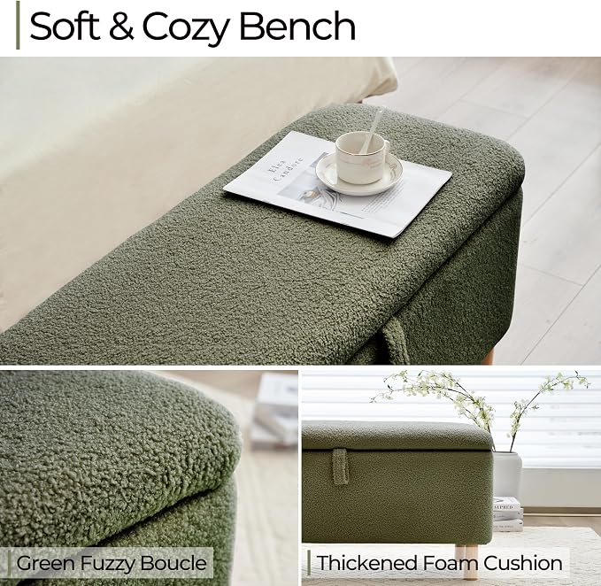 Boucle Storage Ottoman Bench for Bedroom end of Bed, Sherpa Upholstered Shoe Seat Storage Bench for Entryway Bed Foot, Rectangle Cushion Padded Blanket Chest Cute for Living Room, Blackish Green
