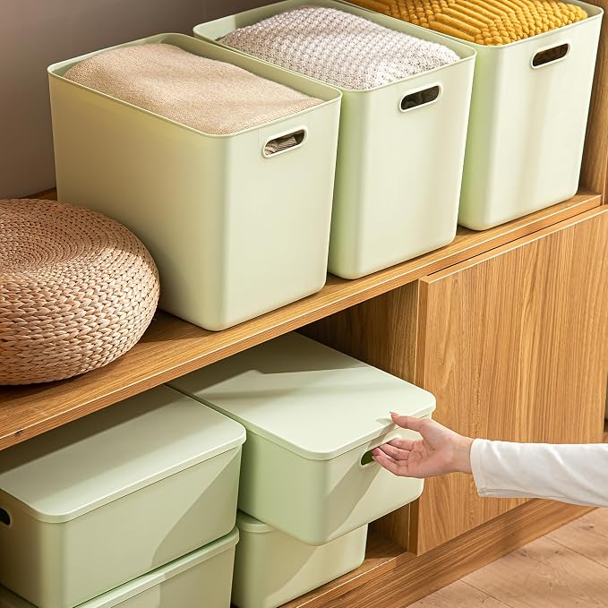 4 pack large plastic White storage bins with Lids, Toy Box Chest with Handle，Organizer Containers Baskets for Baby,Nursery，Shelves，Playroom, Bedroom，Office,Closet，home (Light Green, 4M)