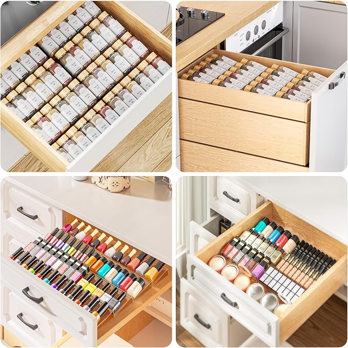 PanPanPal Spice Drawer Organizer, 2 Tier- 2 Pack Amber Acrylic Drawer Seasoning Organizer, Expandable From 11'' to 22'' Kitchen Spice Rack Organizers and Storage for Drawer (Jars not included)