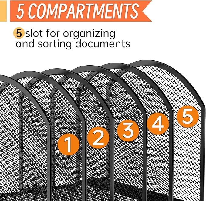 MINDEPOT 5-Section Desk File Organizer, Vertical Desktop File Holder Mail Sorter File Folder Holder Organization for Office School & Classroom (Black - 1Pack)