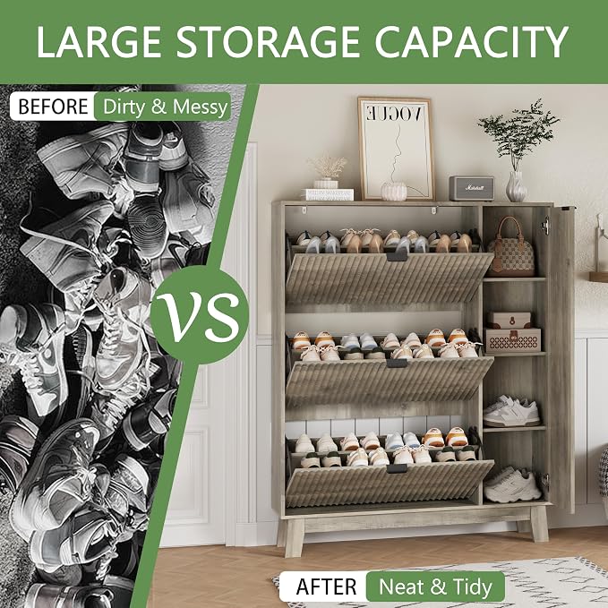 Xixini Shoe Cabinet with 3 Flip Drawers, 54" Tall Narrow Fluted Shoe Storage Organizer for Entryway, Hidden Wooden Shoe Rack with Adjustable Side Cabinet for Front Door Entrance, Hallway, Light Grey