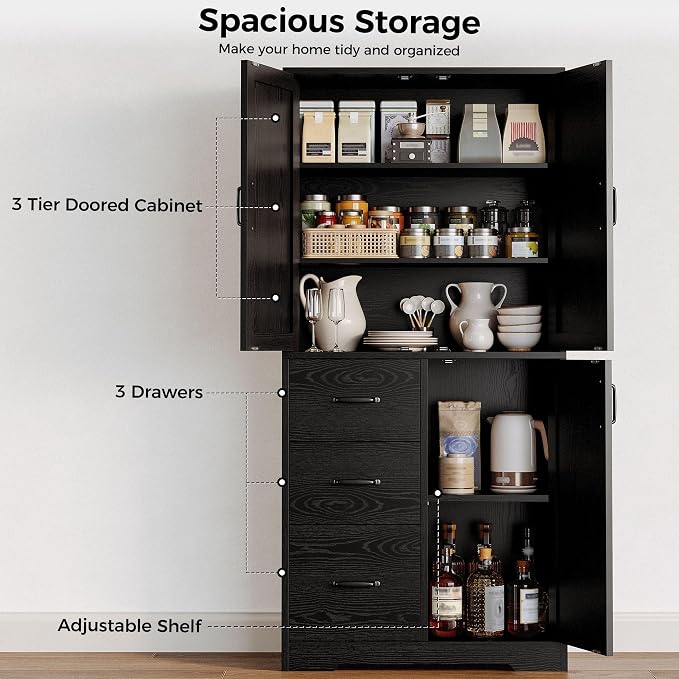 IRONCK Pantry Cabinet, Kitchen Storage Cabinet with 3 Door & Drawer, Black | Adjustable Shelf. 67.5inch Tall. 5 Tier Freestanding. 150 lbs Per Shelf. Modern Style. FSC-certified Wood. Anti-tip.