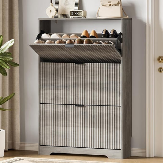 Xixini Shoe Storage Cabinet for Entryway with 3 Flip Drawers, Hidden Slim Wood Shoe Organizer with Modern Fluted Panel, Freestanding Narrow Shoe Rack for Front Door Entrance, Hallway, Foyer, Grey