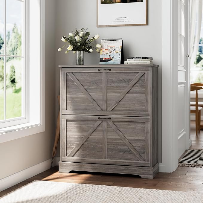 Smart FENDEE Shoe Storage Cabinet with 2 Flip Drawers, Farmhouse Narrow Shoe Cabinet Storage for Entryway, Slim Shoe Rack Cabinet with Wooden Feet, Gery