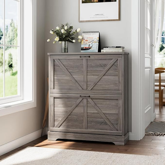 Smart FENDEE Shoe Storage Cabinet with 2 Flip Drawers, Farmhouse Narrow Shoe Cabinet Storage for Entryway, Slim Shoe Rack Cabinet with Wooden Feet, Gery