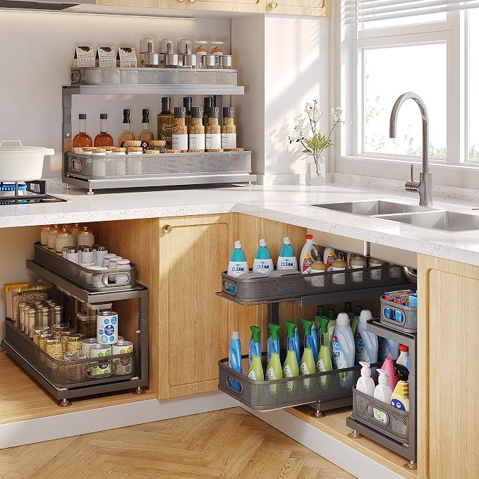 2-Pack 21.3 IN Depth Under Sink Organizer With Next-Gen Ball-Bearing Slides,Sophisticated Mesh 2-Tier Pull Out Shelf for Kitchen & Bathroom,Fits Small Items-Gun Gray