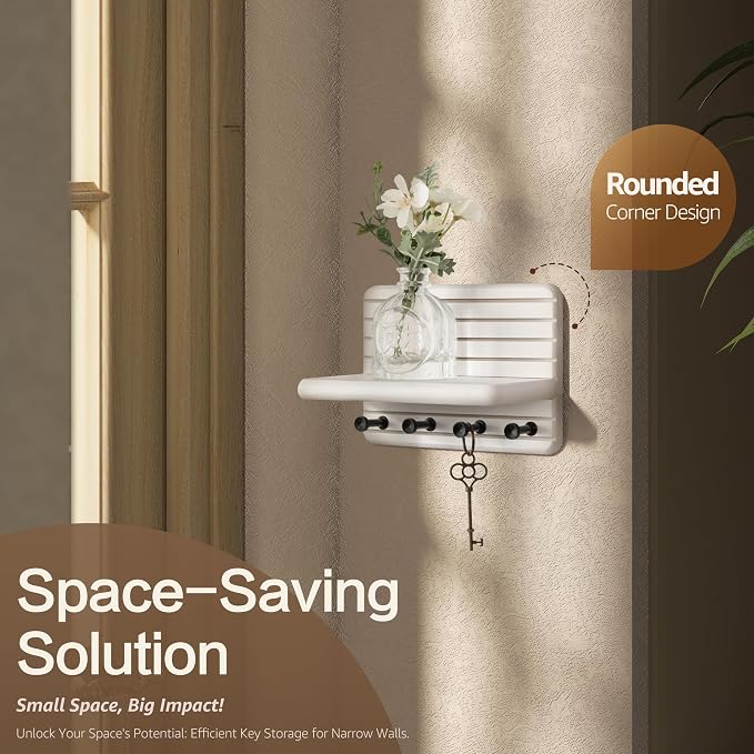 Rebee Vision Key Holder Wall Mount with 4 Hooks Shelf for Entryway, White | 7-Inch, Stylish Key Holder for Wall, Mini Floating Shelf, Compact Storage, Plant Display, Bedroom Decor, Apartment Essential