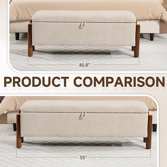 55'' Modern Storage Ottoman Benches | Walnut Wood Legs 26 Gallons Storage Space Fabric Upholstered Seating End of Bed for Bedroom Livingroom Beige
