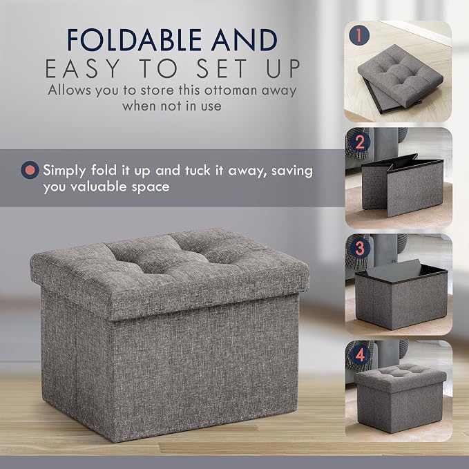 Ornavo Home Small Rectangle Storage Ottoman, Linen, 12x16x12, Dark Gray | Collapsible Cube Design; Foot Rest Stool Seat; Ideal for Living Room, Bedroom, Home Office or Dorm