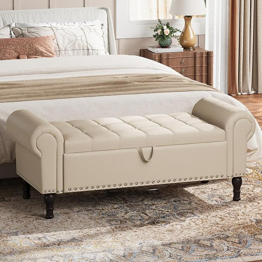 YOUDENOVA Ottoman with Storage, 51" End of Bed Bench with Rolled Arms, Upholstered Storage Bench with Vintage Rivets for Bedroom, Living Room, Entryway, Beige+Brown Legs