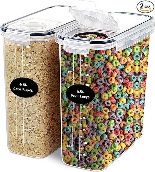 DWËLLZA KITCHEN EXTRA LARGE Cereal Containers Storage (6.3L / 213OZ) Set of 2 Family Size Bulk Cereal Dispenser Countertop, Airtight Food Storage Containers for Pantry Organization, Labels & Marker