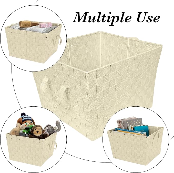 Simplify Large Woven Strap Tote | Decorative Storage Basket | 2 Handles | Organization | Closet | Bedroom | Bathroom | Nursery | Accessories | Toys | Gifts | 2 Pack | Ivory