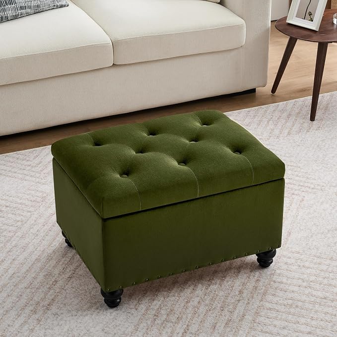 Zihanhome Velvet Storage Ottoman Bench, Button Tufted Ottoman with Hidden Storage, Upholstered Foot Rest Stool with Solid Wood Legs for Living Room, Bedroom, Entryway & Small Spaces (Olive Green)
