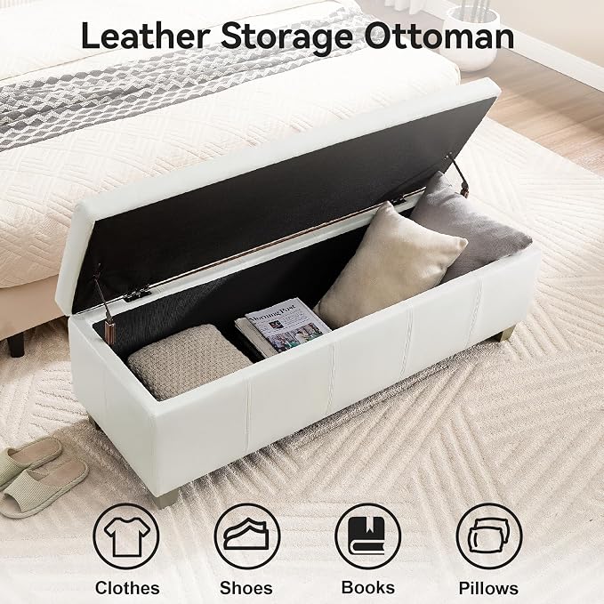 WUTUTUEE 41" Faux Leather Storage Ottoman, Stitch Tufted Rectangle Upholstered End of Bed Storage Bench, Entryway Large Couch Ottoman with Wooden Legs,White