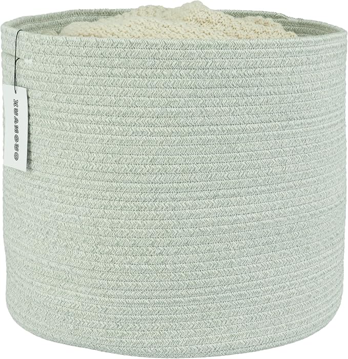 XUANGUO Cotton Rope Baskets For Girls Boys Kids 16”X14” Light Green | Baby Laundry Baskets, Blanket Basket, Nursery Bin; Round Woven Basket Organizer for Toy Storage, Blankets, Shoes and Clothes