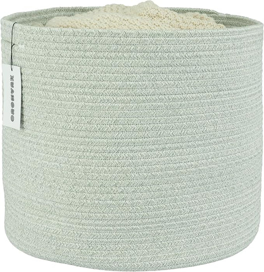 XUANGUO Cotton Rope Baskets For Girls Boys Kids 16”X14” Light Green | Baby Laundry Baskets, Blanket Basket, Nursery Bin; Round Woven Basket Organizer for Toy Storage, Blankets, Shoes and Clothes