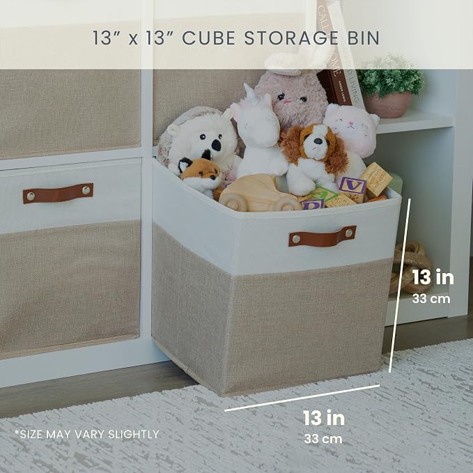 OrganiHaus 13x13 Cube Storage Bins, Set of 4 - Fabric Storage Cubes | Sturdy, holds its shape; odor-free; fits IKEA Kallax and Expedit; vegan leather handles