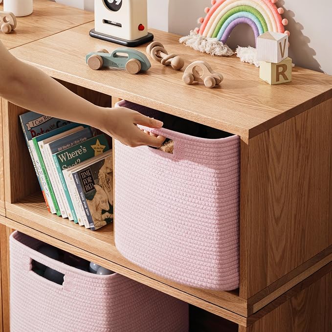 UBBCARE Set of 4 Storage Basket-13 X 13 X 13 in, Cotton Rope Basket for Shelves, Toys, Book, Cube Storage Bins with Handles, Woven Storage Basket for Organizing, Pink