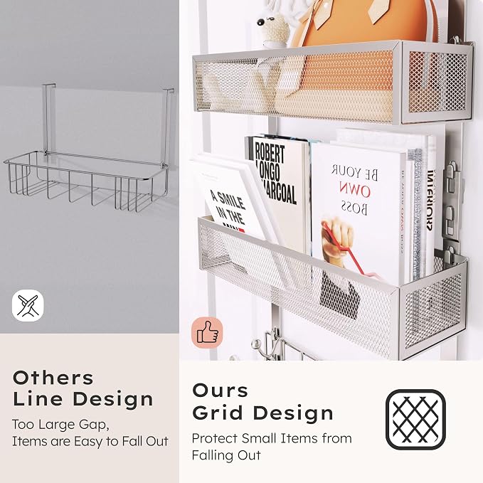 Consumest Over The Door Hooks Organizer - 3 Tier Door Hanger with 9 Coat Hooks & 2 Mesh Basket, Back Storage Organizer Hanging Towels for Bathroom, Bedroom, Sand Nickel