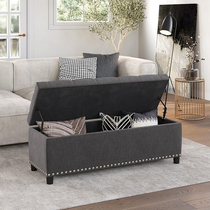BELLEZE Storage Ottoman, Tufted Ottoman with Close Hinge, Foot Rest for Living Room (Dark Gray, 47 inch)