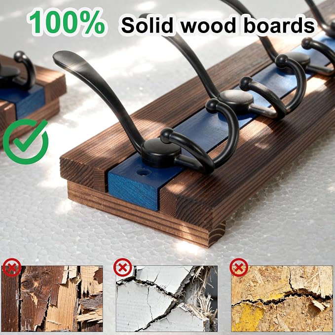 SKOLOO Rustic Wall Mounted Coat Rack - 16-7/8" Long Coat Hooks for Wall with 5 Triple Hooks for Hanging Coats, Hats or Tools, Western National Parks Collection, Wood Brown & Blue, Pack of 2
