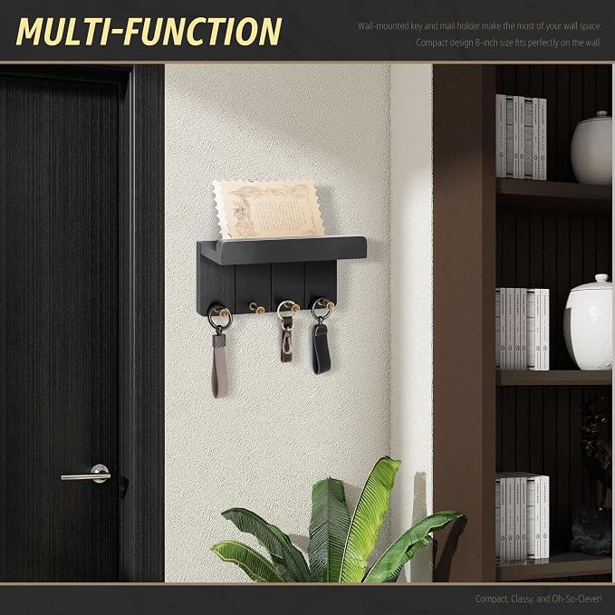 Rebee Vision Small Key Holder Wall Mount with Shelf for Entryway, Black | Mini Key and Mail Holder for Wall, 4 Key Hooks, Small Shelf for Plant Display, Aesthetic Room Decor, Space-Saving