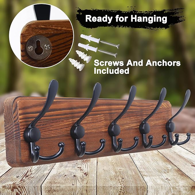 Coat Rack Wall Mounted - 5 Tri Hooks, Heavy Duty, Wooden Wall Coat Hanger Coat Hook for Clothes Hat Jacket Clothing, Natural & Black, 2 Packs