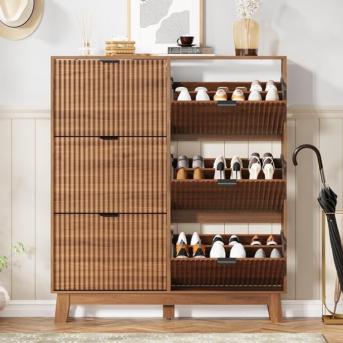 Shoe Cabinet Storage for Entryway with 6 Flip Drawers, Fluted Narrow Shoe Organizer with Wooden Legs, Freestanding Slim Shoe Storage Hidden Shoe Rack Organizer for Front Door Entrance, Walnut