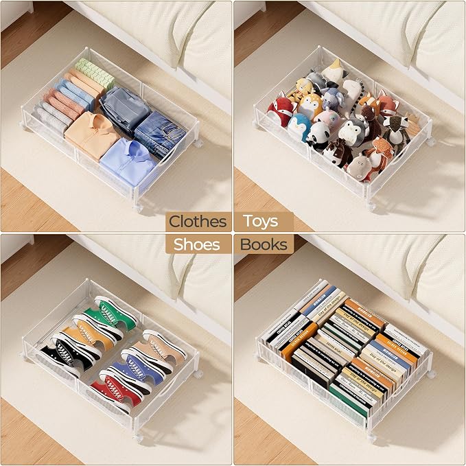 Yecaye Under Bed Storage with Wheels, 2 Pack Under Bed Shoe Storage Organizer Drawer, Tool-free Assembly Metal Underbed Storage Containers for Clothes, Shoes, White