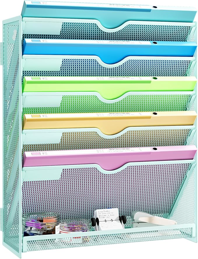 Hanging Wall File Organizer, 6-Tier Desk Organizer with Metal Mesh | Foldable Document Organizer for Office Desk, Wall Mount Magazine Rack for Mail/Books/Tablet, Mint Green