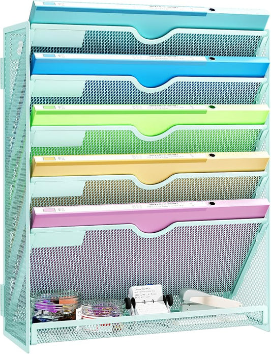 Hanging Wall File Organizer, 6-Tier Desk Organizer with Metal Mesh | Foldable Document Organizer for Office Desk, Wall Mount Magazine Rack for Mail/Books/Tablet, Mint Green