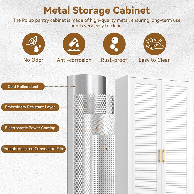 Polup 75" Pantry Cabinet, Tall Metal Storage Cabinet with Doors and Shelves | White Kitchen Cabinet, 5 Adjustable Shelving, Heavy-Duty Steel, Louvered Doors, Gold Handles, for Garage Office & Laundry